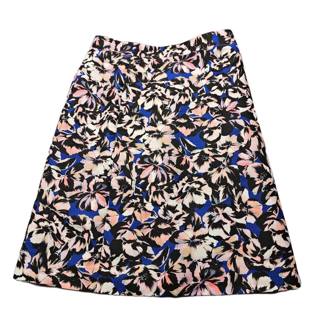 J.Crew A-Line Midi Skirt Womens Size 12 Blue Black Floral Fully Lined Back Zip